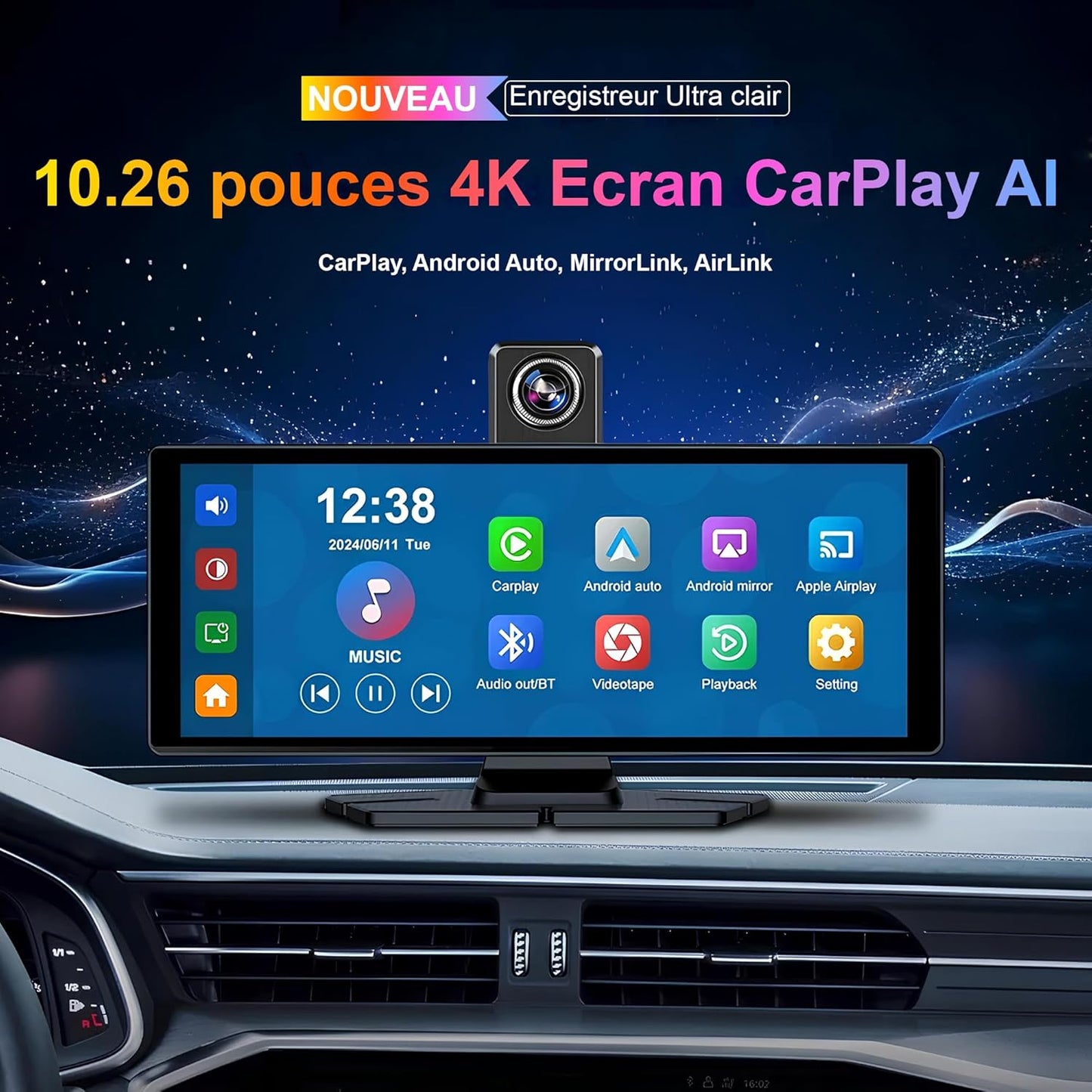 CarBOSS® - CarPlay & Android Auto sans Fil | Dashcam 4K + Caméra Arrière HD