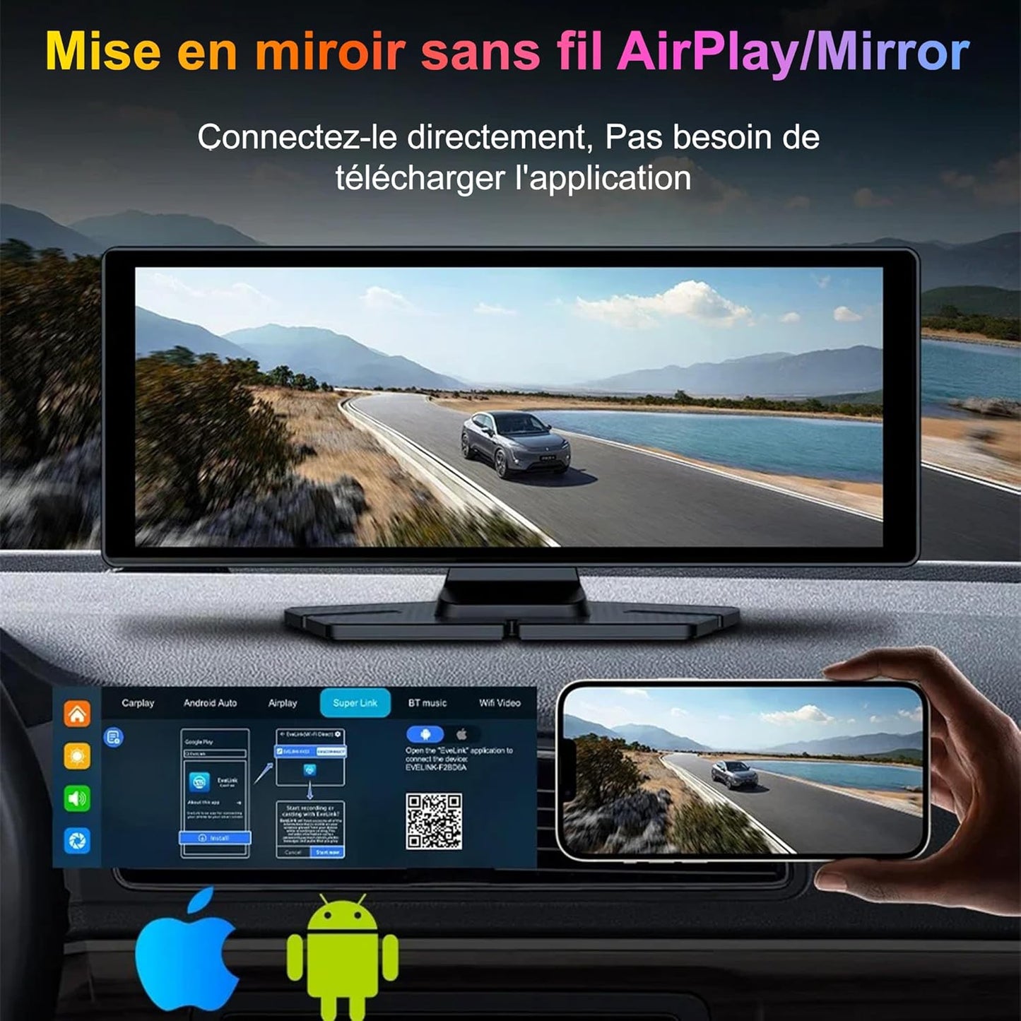 CarBOSS® - CarPlay & Android Auto sans Fil | Dashcam 4K + Caméra Arrière HD