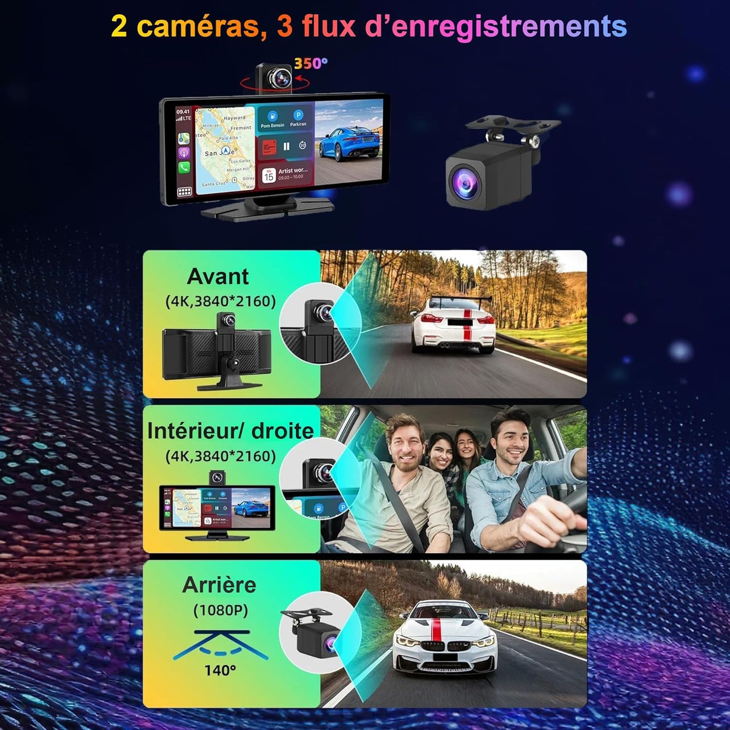 CarBOSS® - CarPlay & Android Auto sans Fil | Dashcam 4K + Caméra Arrière HD