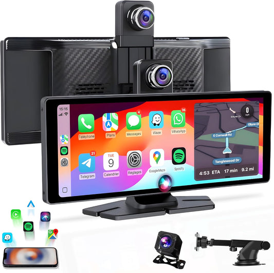 CarBOSS® - CarPlay & Android Auto sans Fil | Dashcam 4K + Caméra Arrière HD